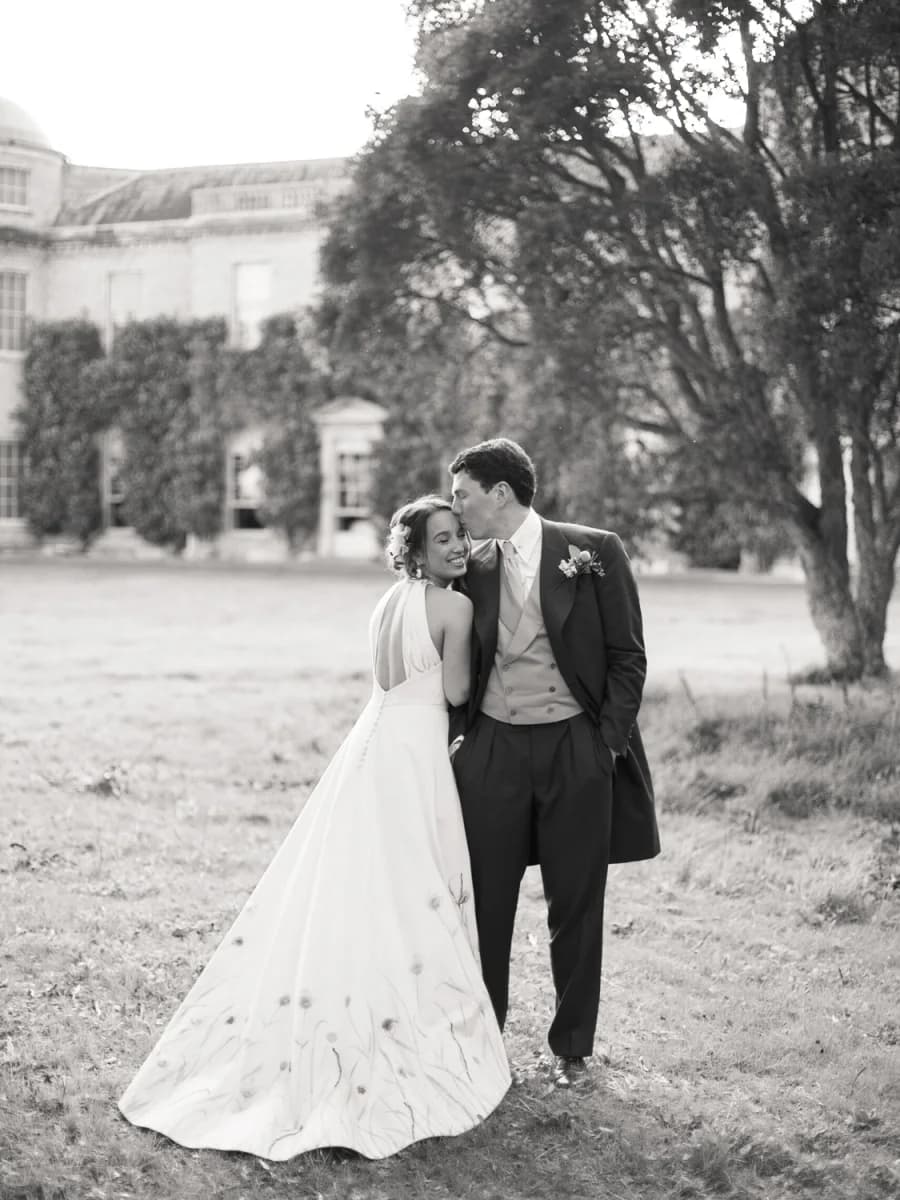 Black-and-white wedding portrait at Goodwood House