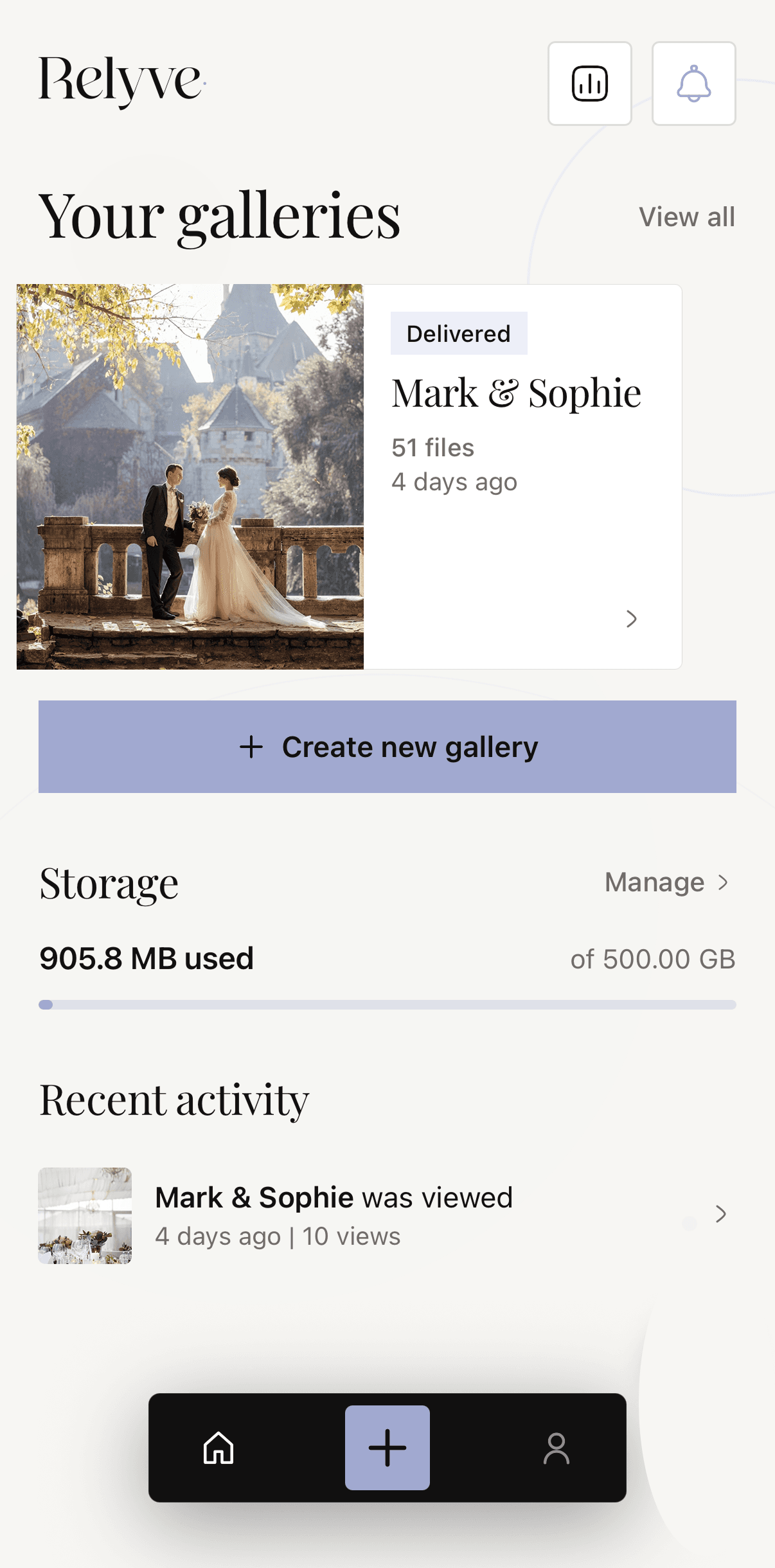 Relyve app showing your galleries, including Mark and Sophie