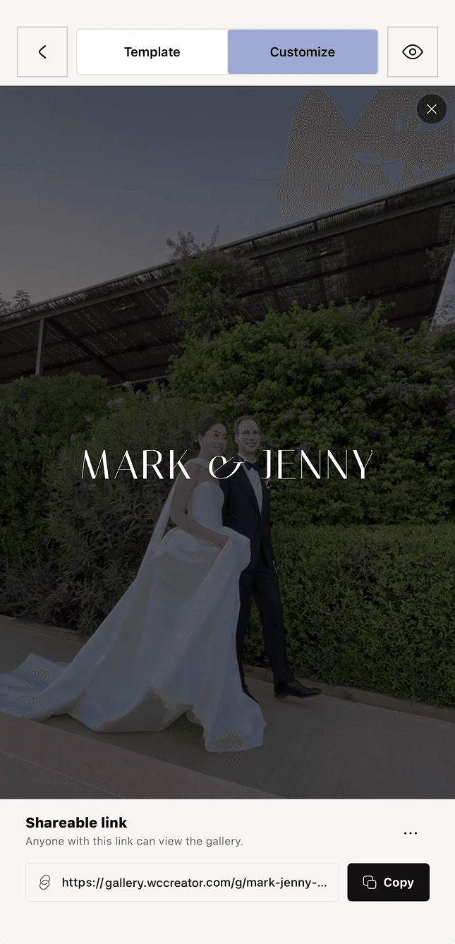Customize screen for the Mark and Jenny gallery, with the shareable link and copy button