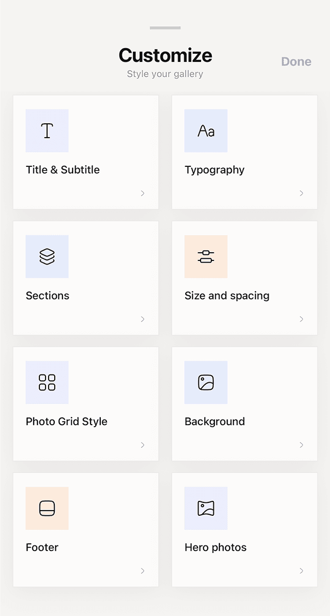 Customize screen for styling a Relyve gallery