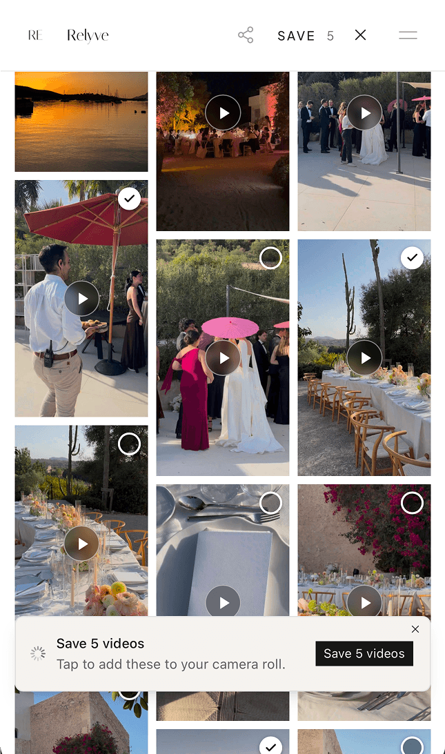 Saving selected videos to the camera roll in a Relyve gallery
